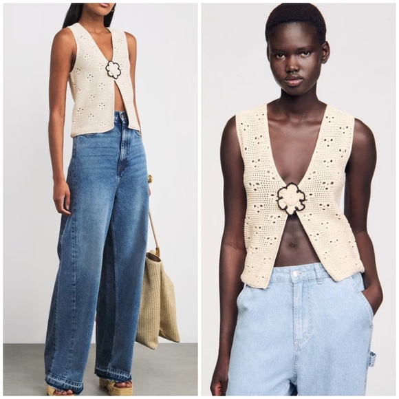 Sandro Crochet Knit Vest with Floral Detail Beige Ecru SZ 1 US 4 S - Picture 10 of 10